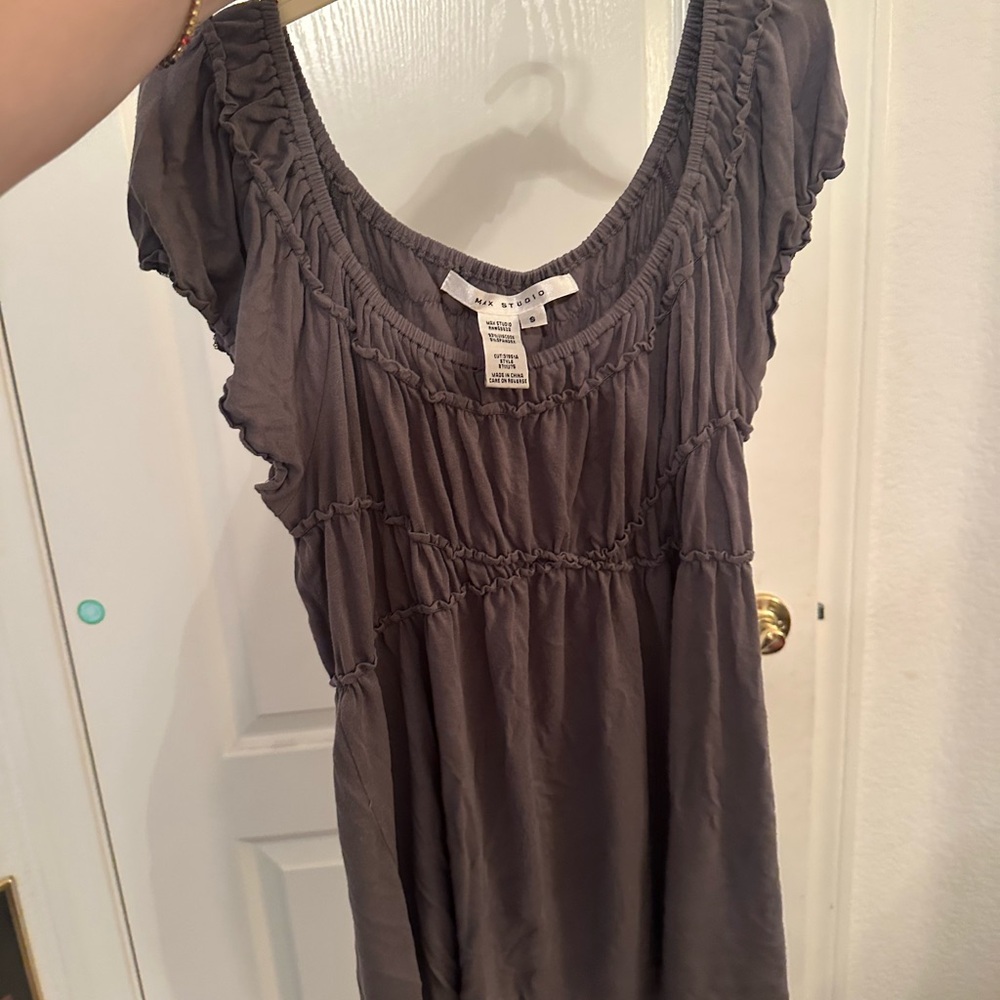 Max Studio Gray Blouse with Flutter Sleeves and Ruched Details